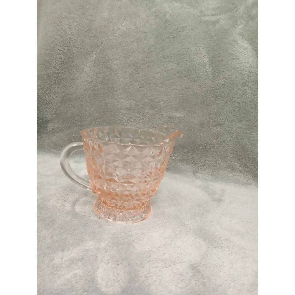 Vintage Pink Glass Creamer, Jeanette, Holiday Pink/Buttons and Bows,‎ 3.5” tall